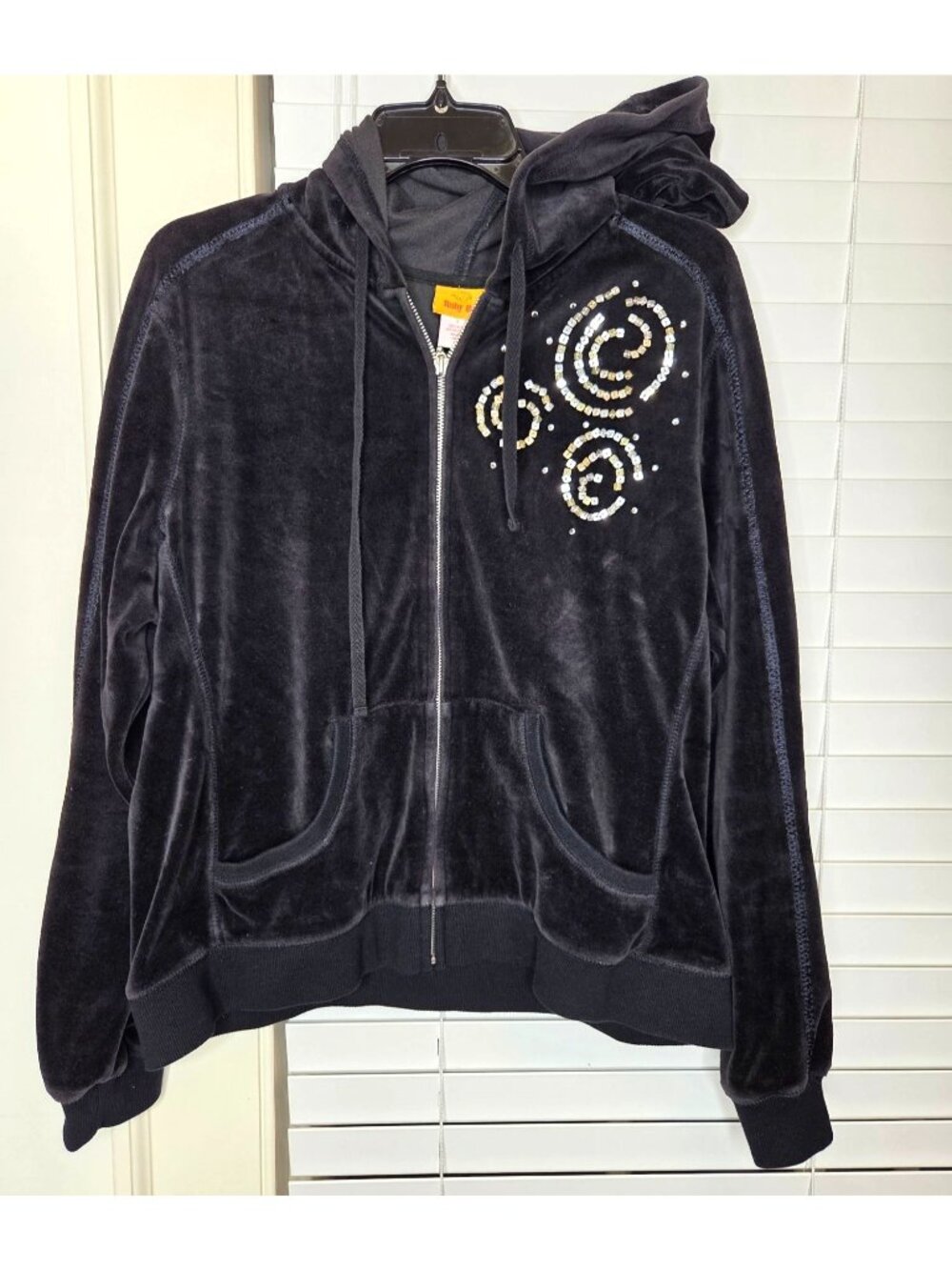 Womens Y2K Black Velour Hoodie Jacket Sequin Retro Zip pockets